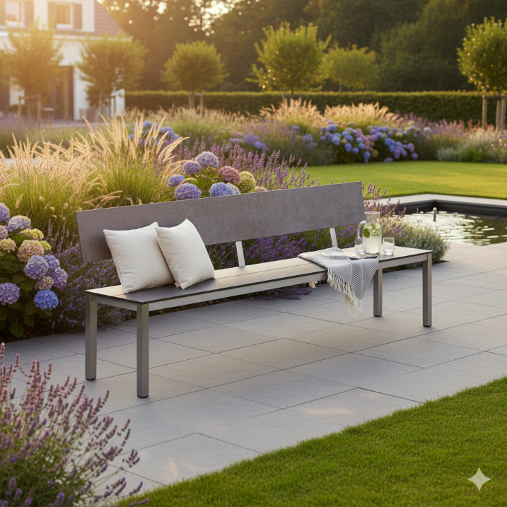 Gartenbank Morcote mit Rückenlehne und Kissen – Outdoor Sitzbank von H. Hasler AG im wetterfest und beständig auch in ungeschützten Gartenbereichen