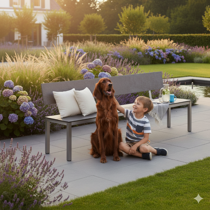 Gartenbank Morcote mit Rückenlehne und Kissen – Outdoor Sitzbank von H. Hasler AG im wetterfest und beständig auch in ungeschützten Gartenbereichen